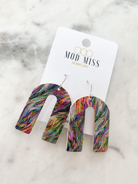 Cork+Leather Arch Earring "Psychedelic Rainbow"