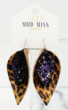 Leather Stacked Petal Earring "Glitter Purple on Metallic Leopard"