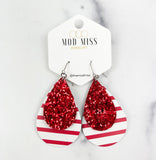 Leather Stacked Teardrop Earring "Glitter Red on Red & White Stripes (Thick Strips)"