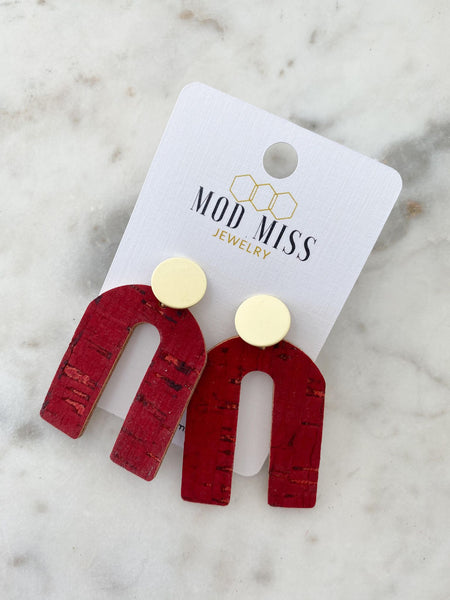 Cork+Leather Arch Earring "Red "