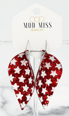 Leather+Canvas Petal Earring "Glitter Stars Red & White"