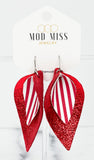 Leather Stacked Petal Earring "Stripes Red & White (Thin Stripes Vertical) + Metallic Red"