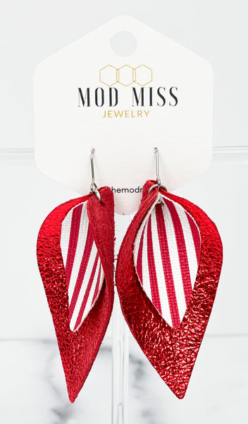 Leather Stacked Petal Earring "Stripes Red & White (Thin Stripes Vertical) + Metallic Red"