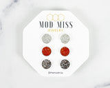 Druzy Stud Earring Set of 3 "Clear, Orange, & Gunmetal in Silver Settings"