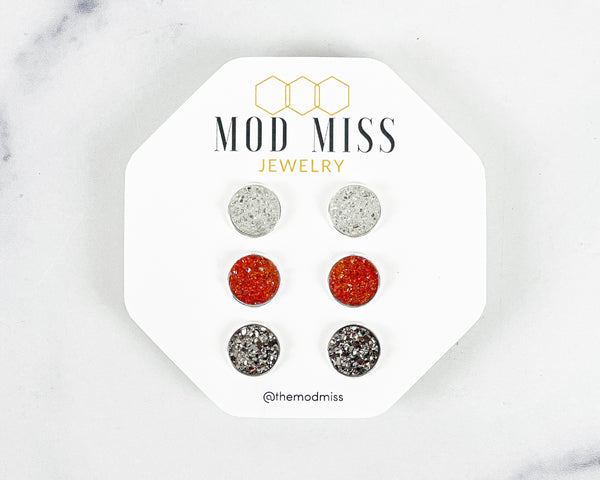 Druzy Stud Earring Set of 3 "Clear, Orange, & Gunmetal in Silver Settings"