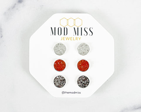 Druzy Stud Earring Set of 3 "Clear, Orange, & Gunmetal in Silver Settings"