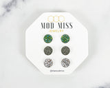 Druzy Stud Earring Set of 3 "Olive Green, Gray & Silver in Silver Setting"