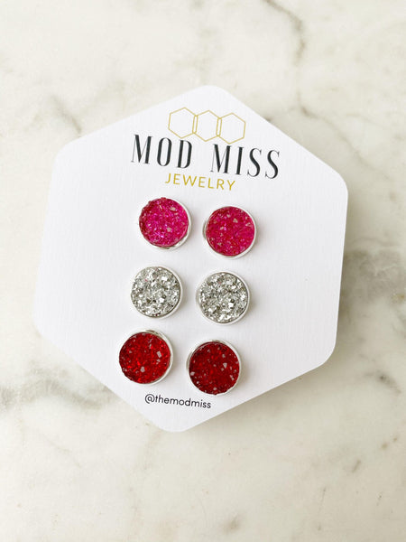 Druzy Stud Earring Set of 3 "Hot Pink, Silver & Red in Silver Setting"
