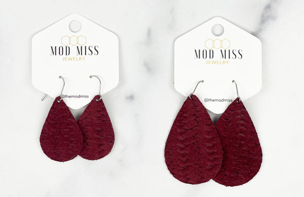 Leather Teardrop Earring "Weaved Maroon"