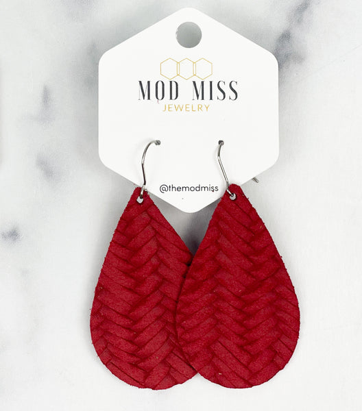 Leather Teardrop Earring "Weaved Red"