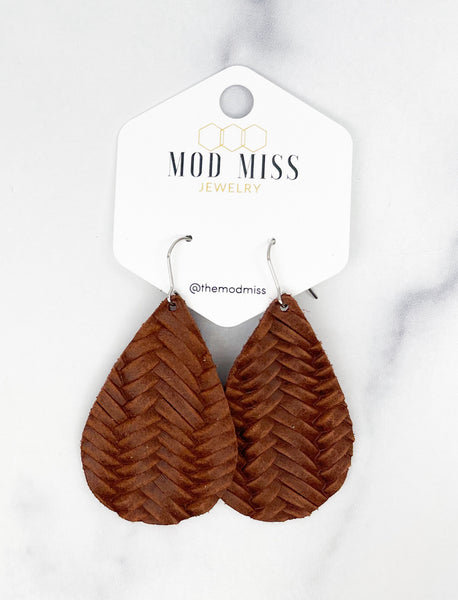 Leather Teardrop Earring "Weaved Brown"