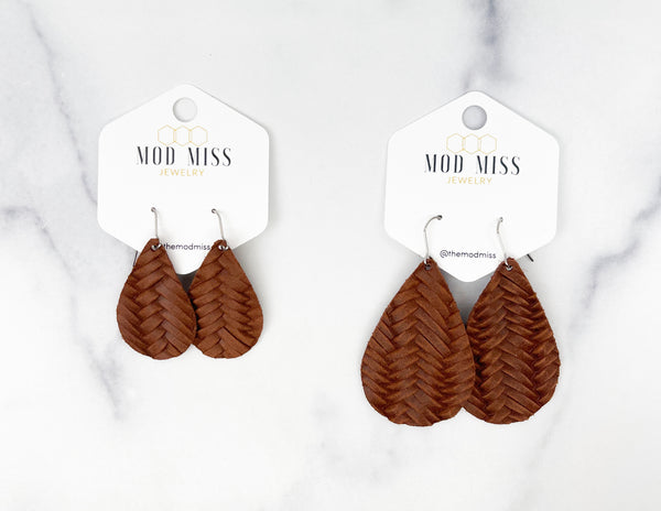 Leather Teardrop Earring "Weaved Brown"