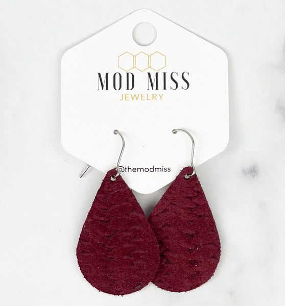Leather Teardrop Earring "Weaved Maroon"