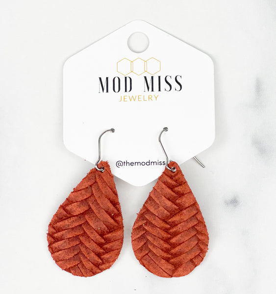 Leather Teardrop Earring "Weaved Rust"