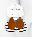 Leather Stacked Teardrop Earring "Worn Brown on Black & White Stripes (Thick Stripes)"