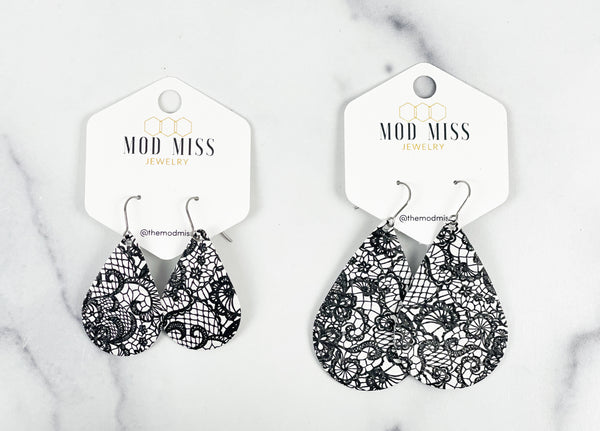 Leather Teardrop Earring "Black&White Lace"