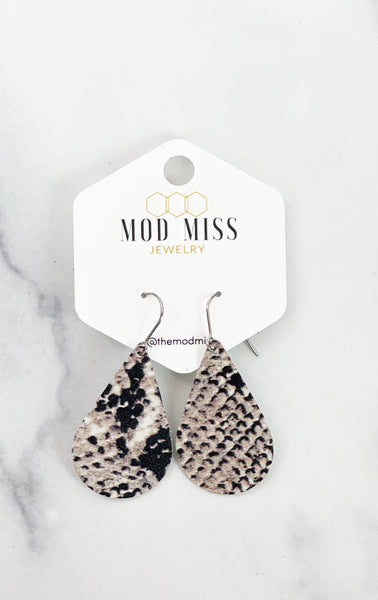 Leather Teardrop Earring "Snakeskin Black & White"