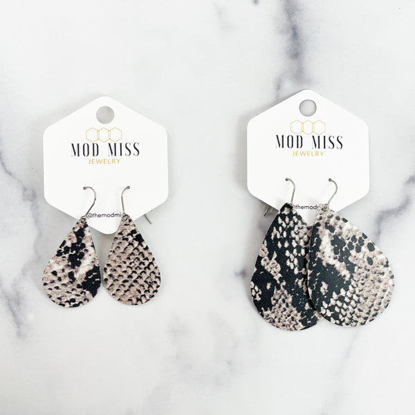 Leather Teardrop Earring "Snakeskin Black & White"