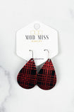 Leather Teardrop Earring "Buffalo Plaid Red Shinny"