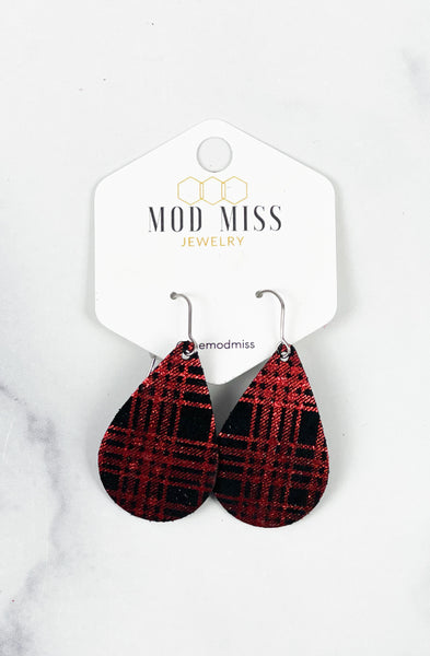 Leather Teardrop Earring "Buffalo Plaid Red Shinny"