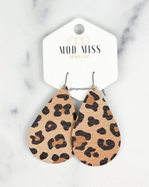 Leather Teardrop Earring "Leopard Caramel"