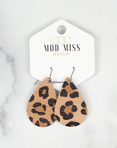 Leather Teardrop Earring "Leopard Caramel"