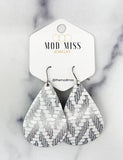 Leather Teardrop Earring "Chevron Gray & White"