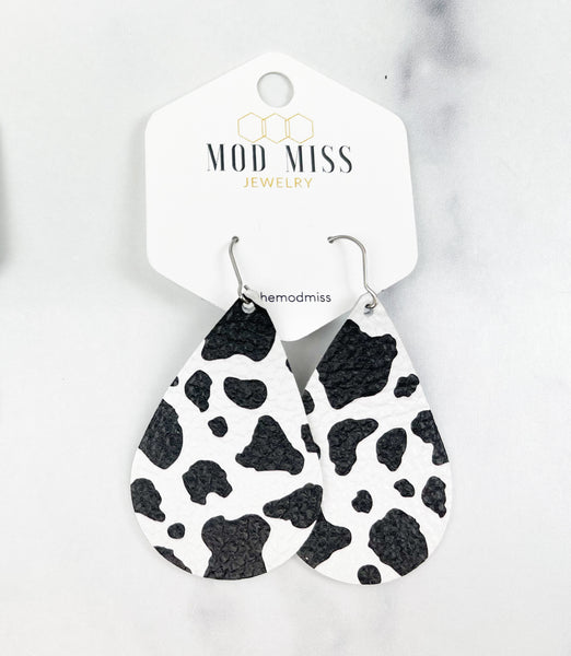 Leather Teardrop Earring "Cow Print"