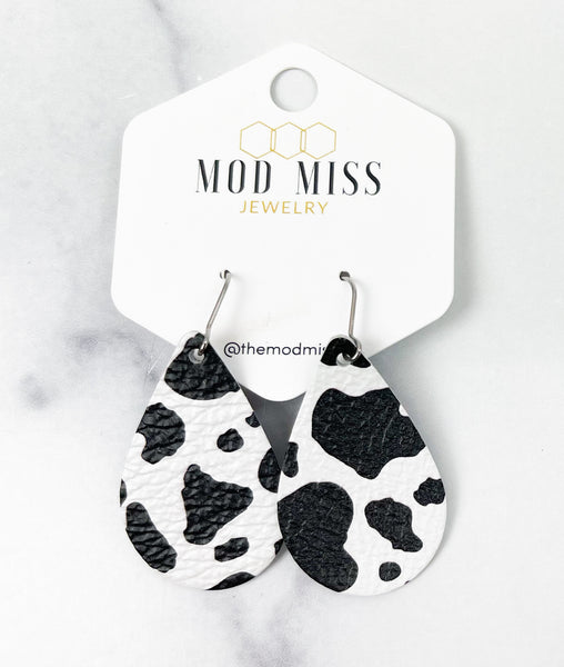 Leather Teardrop Earring "Cow Print"