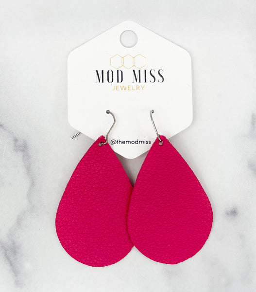 Leather Teardrop Earring "Fuchsia Pink"