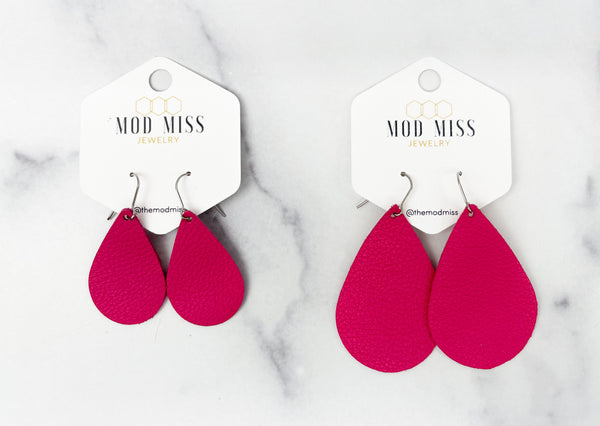 Leather Teardrop Earring "Fuchsia Pink"