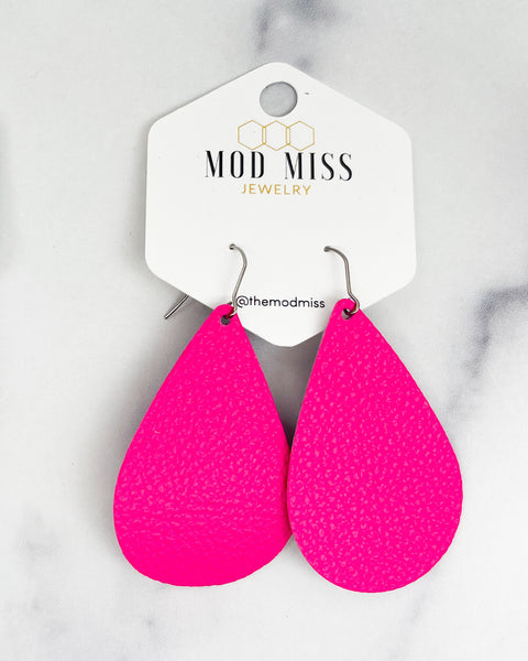 Leather Teardrop Earring "Hot Pink"