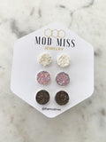 Druzy Stud Earring Set of 3 "Crystal White, Crystal Pink, & Gray in Silver Setting Stud Earring