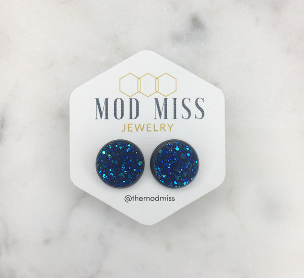 Ocean Blue Druzy Stud in Black Setting