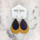 Leather Stacked Teardrop Earring "Yellow + Metallic Navy"