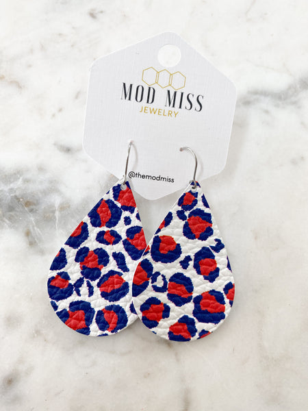 Leather Teardrop Earring "Leopard Patriotic"