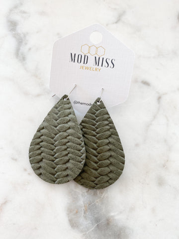 Leather Teardrop Earring "Weaved Olive Green"