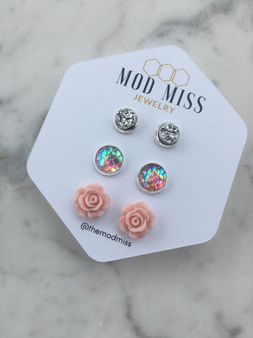 Druzy Stud Earring Set of 3 "Silver 8mm, Pink Mermaid & light Pink Rose"