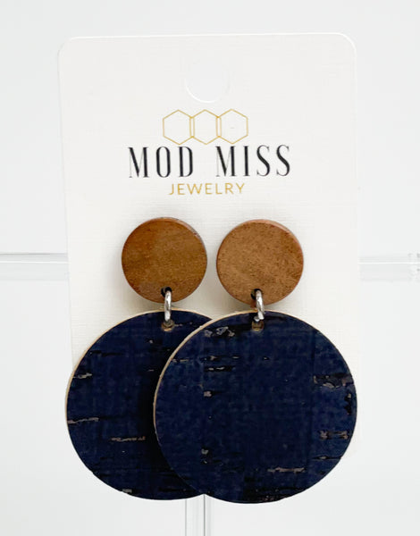 Cork+Leather Round Earring "Navy "