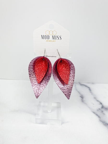 Leather Stacked Petal Earring "Metallic Light Pink + Metallic Red"