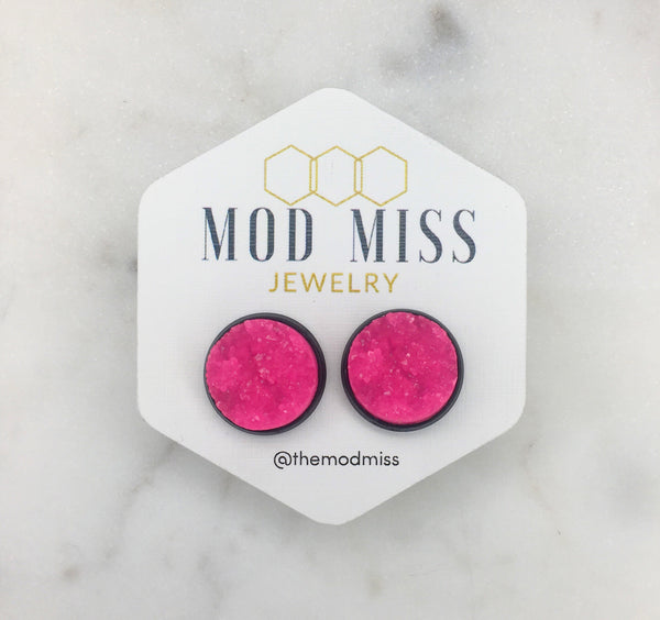 Neon Pink Druzy Earring in Black Setting