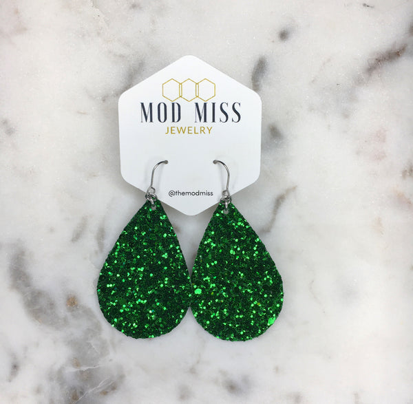 Leather+Canvas Teardrop Earring "Glitter Green"