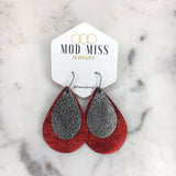 Leather Stacked Teardrop Earring "Metallic Red + Metallic Gunmetal"