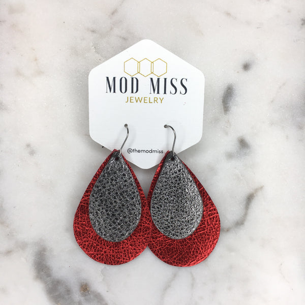 Leather Stacked Teardrop Earring "Metallic Red + Metallic Gunmetal"