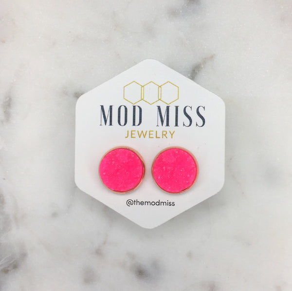 Neon Pink Druzy Earring in Rose Gold Setting