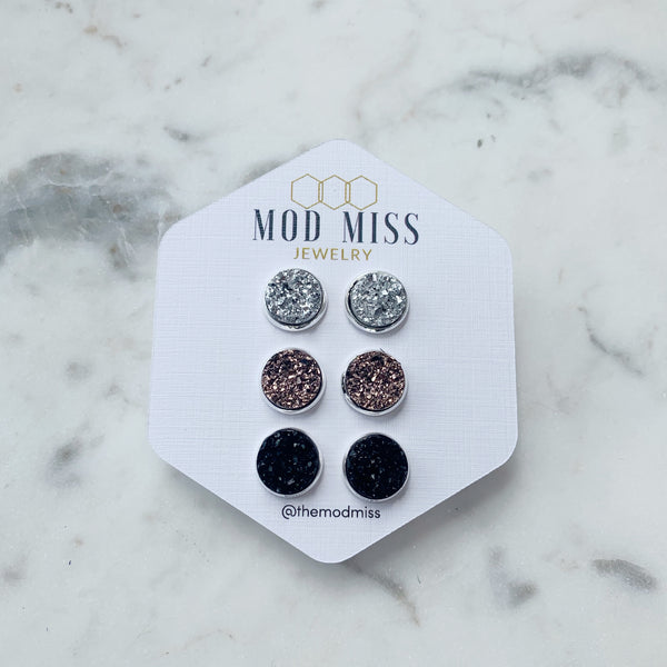 Druzy Stud Earring Set of 3 "Silver, Rose Gold & Black in Silver Setting"
