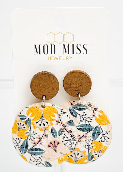 Cork+Leather Round Earring "Yellow Fantasy"