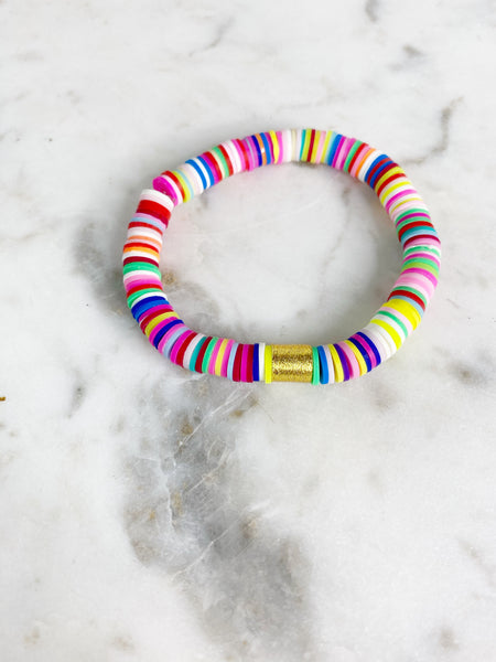 Heishi Color Pop Bracelet "Rainbow Multi Gold Barrel"