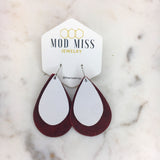 Leather Stacked Teardrop Earring "Merlot + White"