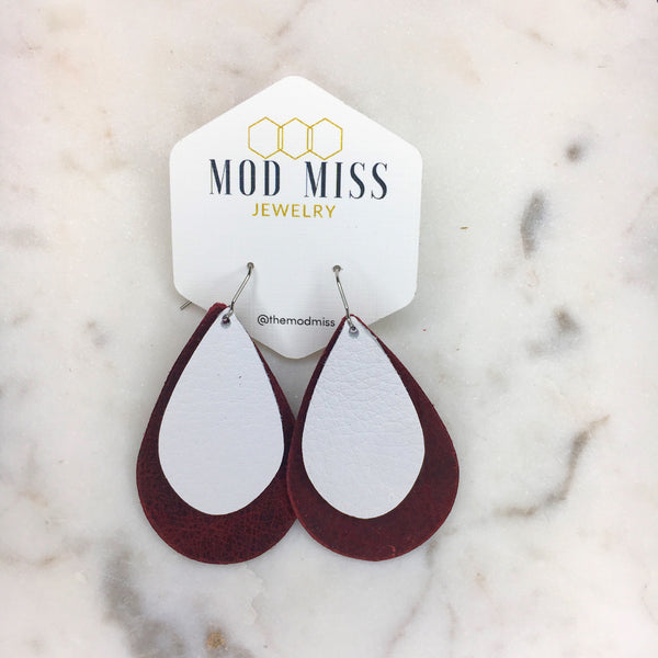 Leather Stacked Teardrop Earring "Merlot + White"